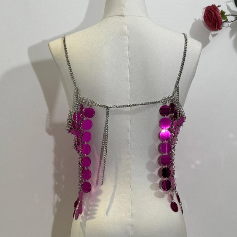 Glitter metal chain hollow out square neck cami top