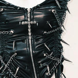 Zip-up v neck metal chain rivet applique mini skirt set