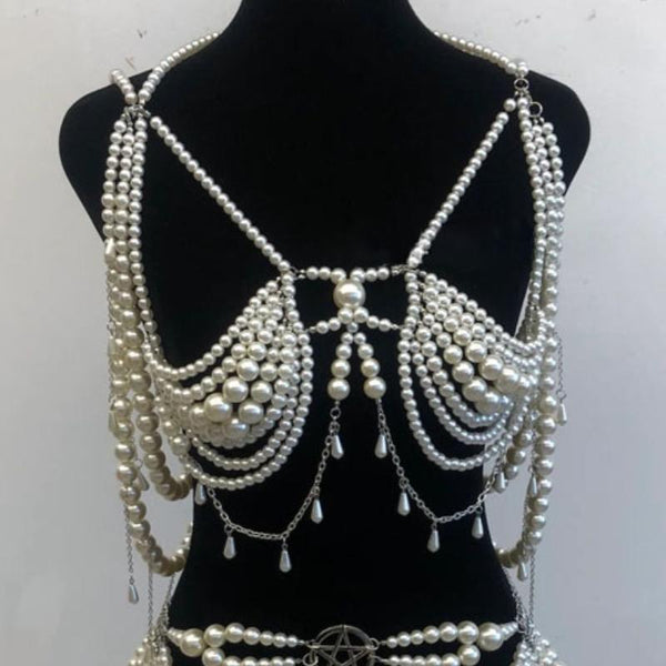Beaded metal chain hollow out faux pearl top