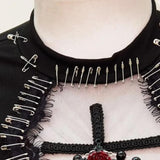 Crewneck beaded flower applique mesh top