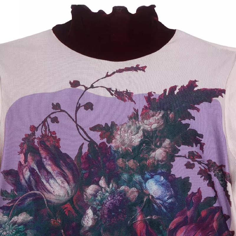 Long sleeve high neck ruffle beaded flower print top