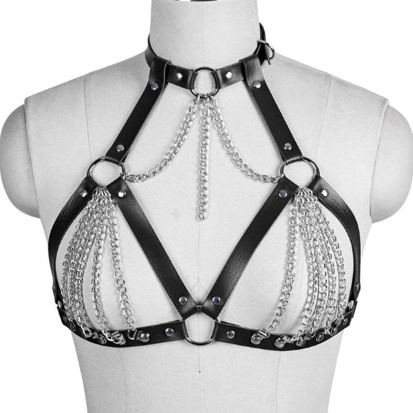 Harnais à anneau en O en cuir PU avec chaîne en métal