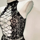 Hollow out metal chain crewneck lace top