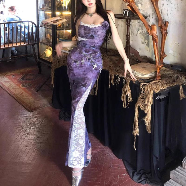 Robe longue camisole à imprimé floral avec ourlet en dentelle fendue 