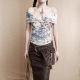 Off shoulder lace hem knotted flower print top