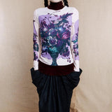 Long sleeve high neck ruffle beaded flower print top