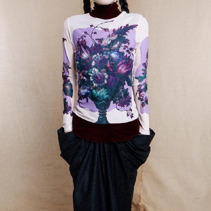 Long sleeve high neck ruffle beaded flower print top