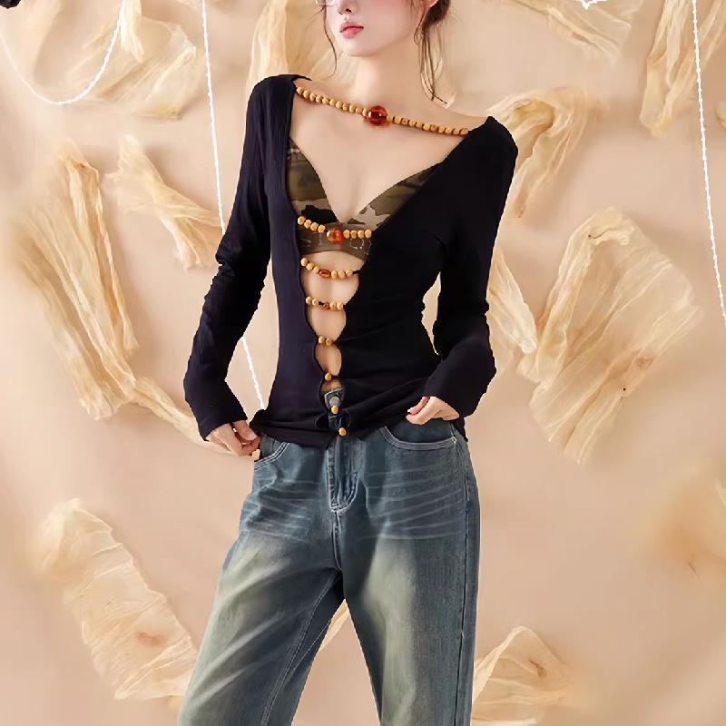 Long sleeve hollow out beaded v neck top