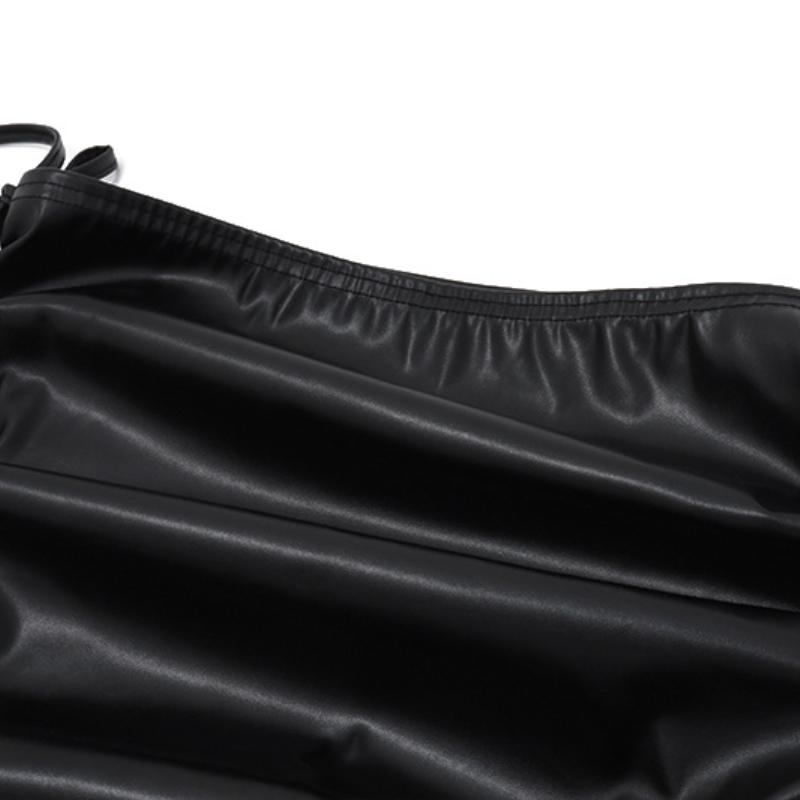 Ruched self tie PU leather solid midi skirt