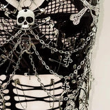 Hollow out v neck metal chain o ring skull applique top