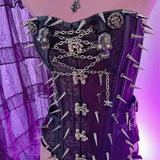 Metal chain skull applique print buckle lace up tube top