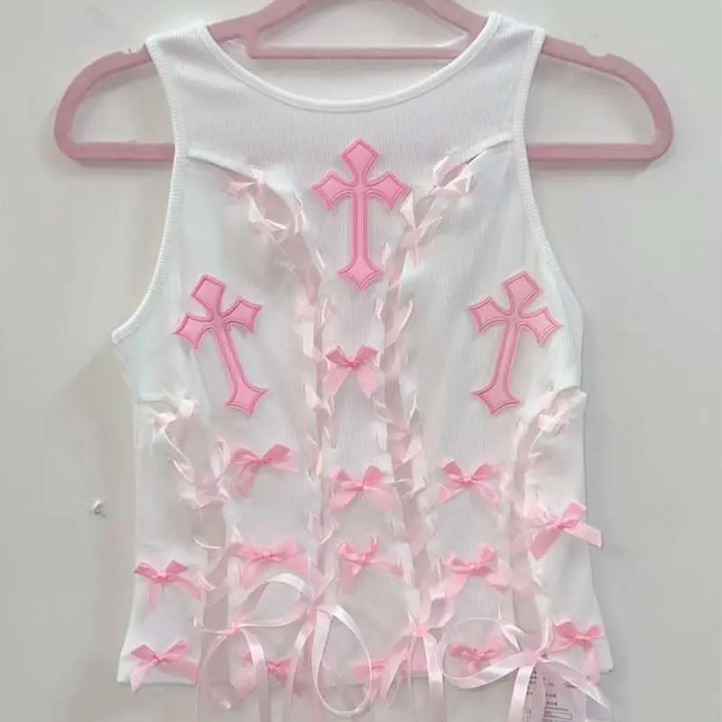 Top de cuello redondo con lazo y estampado cruzado con cordones 