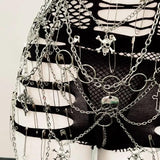 Hollow out v neck metal chain o ring skull applique top
