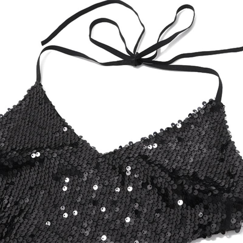 Vestido mini de manga larga con cuello en V, lazo y halter con purpurina 