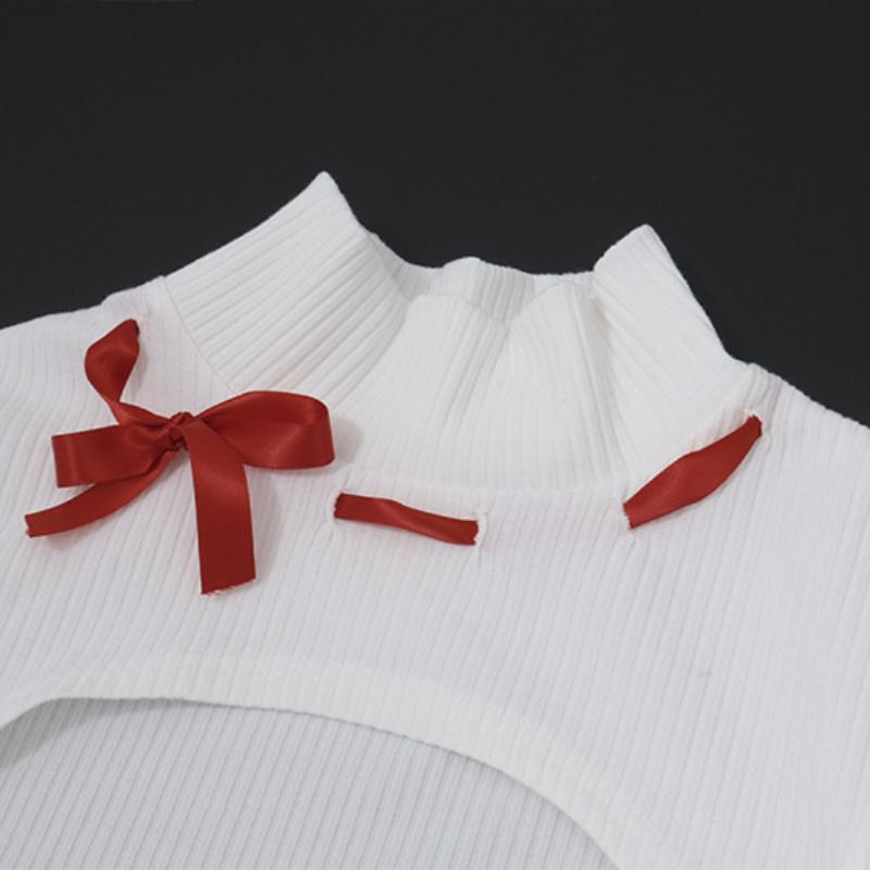 Long sleeve high neck bowknot lace hem 2 piece top