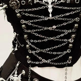 Hollow out metal chain skull applique v neck top