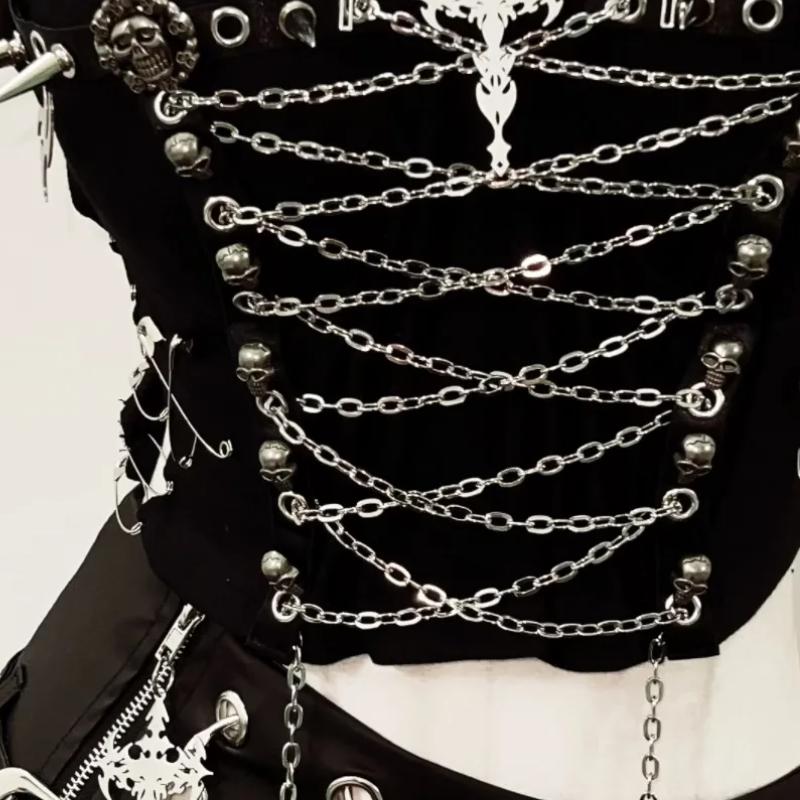 Hollow out metal chain skull applique v neck top