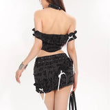Letter print bowknot ruffle ruched contrast mini skirt