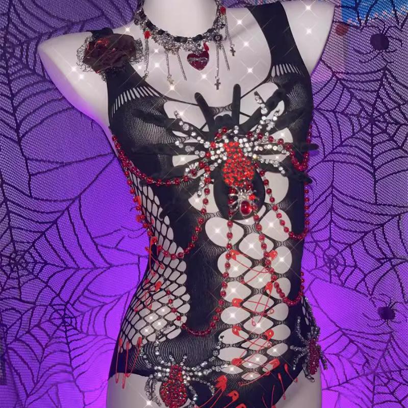 Body à col en U avec appliques en perles ajourées en forme d'araignée 