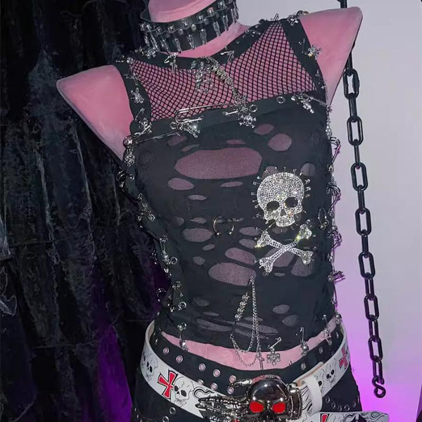 Beaded metal chain skull applique fishnet crewneck top