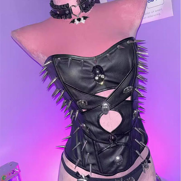 Haut tube en cuir PU ajouré avec applique tête de mort 