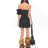 Mini-robe à volants fendue en cuir PU à lacets et imprimé léopard 