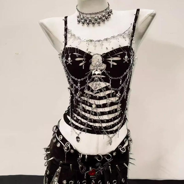 Hollow out metal chain skull applique o ring cami top