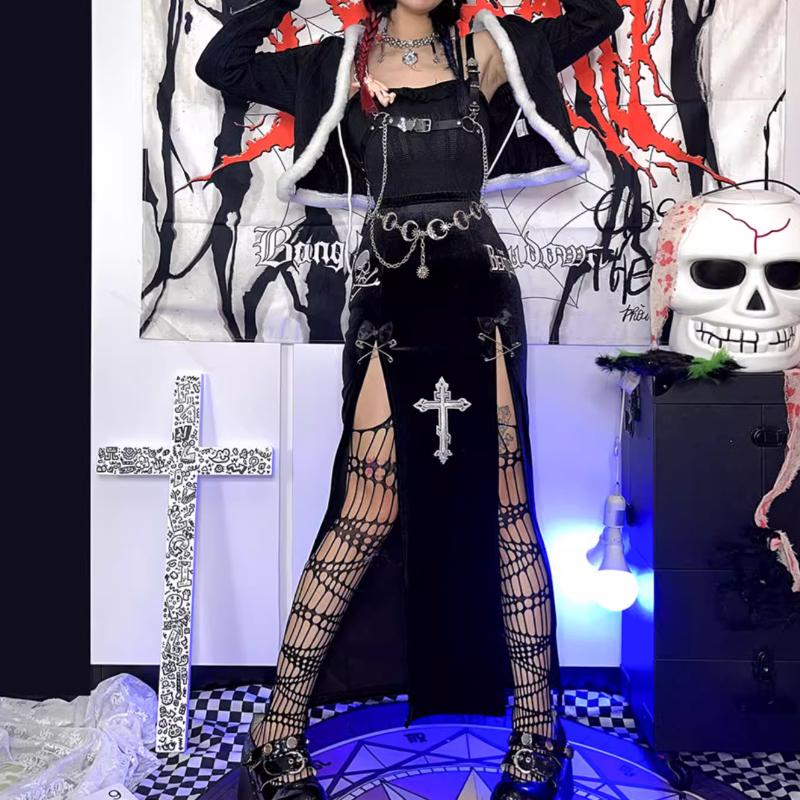 Slit bowknot skull pattern velvet maxi skirt