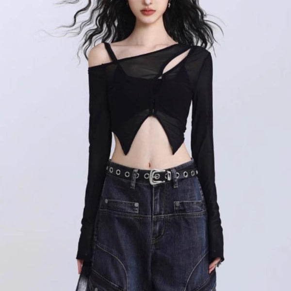 Irregular long sleeve hollow out 2 piece crop top