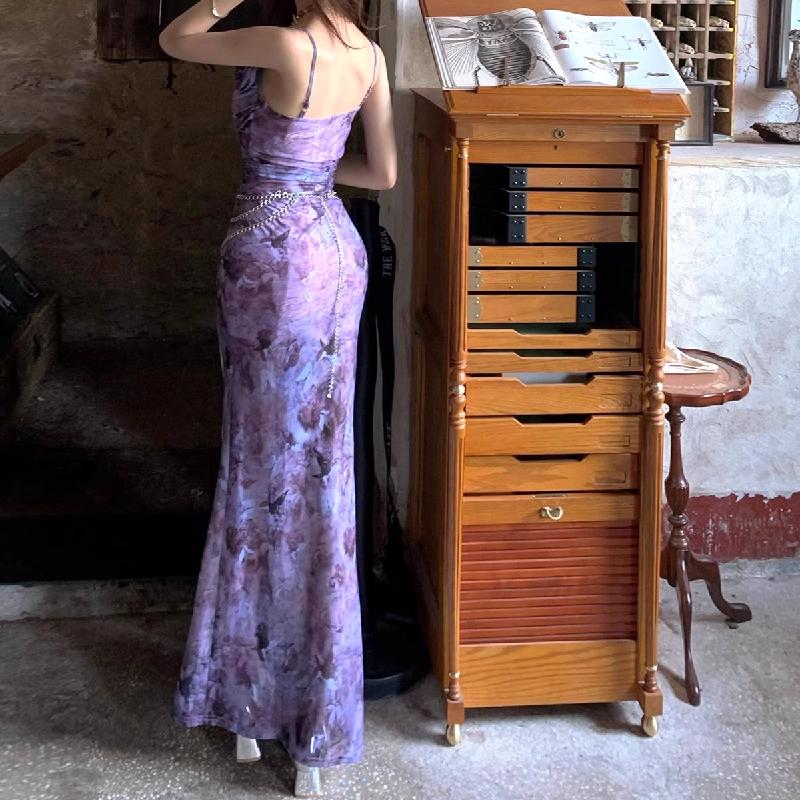 Robe longue camisole à imprimé floral avec ourlet en dentelle fendue 
