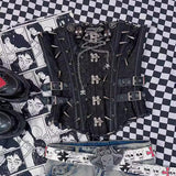 Metal chain skull applique print buckle lace up tube top