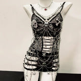 Hollow out v neck metal chain o ring skull applique top