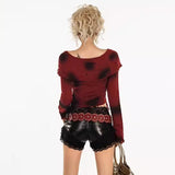 Long sleeve hollow out irregular raw hem v neck top