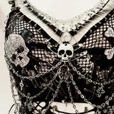 Hollow out v neck metal chain o ring skull applique top