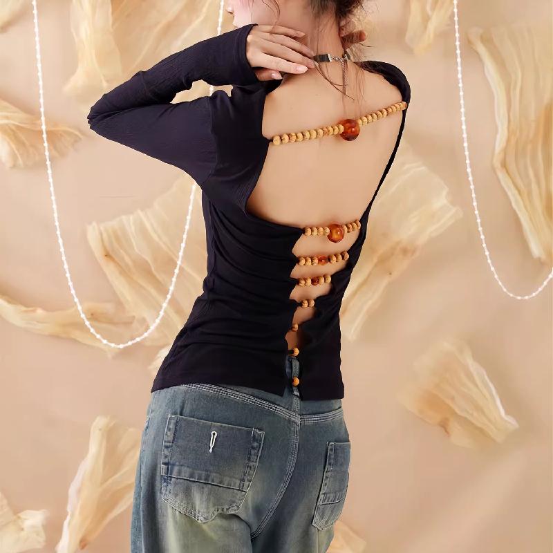 Long sleeve hollow out beaded v neck top