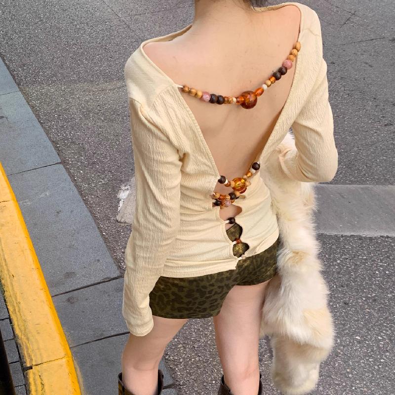 Long sleeve hollow out beaded v neck top