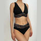 Maillot de bain bikini sans manches à col en V contrasté 