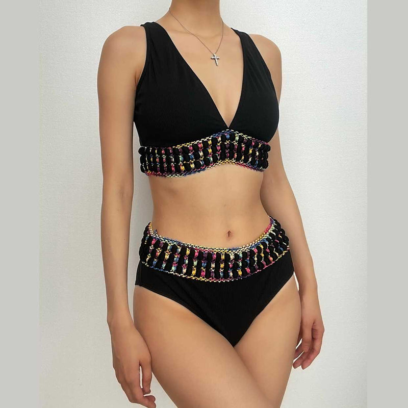 Maillot de bain bikini sans manches à col en V contrasté 