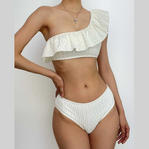 Ruffle solid one shoulder textured bikini swimwear