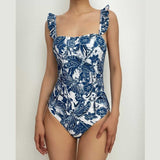 Contrast abstract print ruffle one piece swimwear with beach skirt