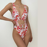Low cut contrast print self tie hollow out one piece swimwear