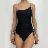 Solid drawstring one shoulder self tie one piece swimwear