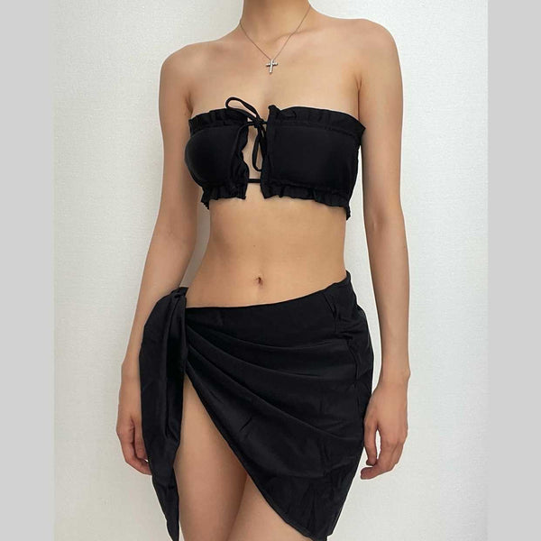 Ruched self tie halter solid backless 3 piece swimwear