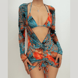 Traje de baño de 3 piezas con cuello halter, manga larga y estampado en contraste con cordón de malla 