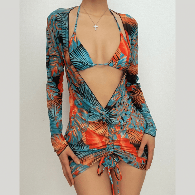Traje de baño de 3 piezas con cuello halter, manga larga y estampado en contraste con cordón de malla 