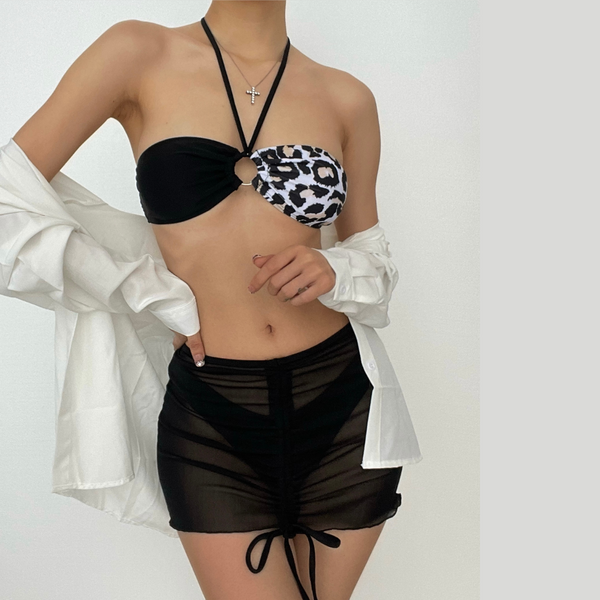 Leopard drawstring mesh halter backless 3 piece swimwear