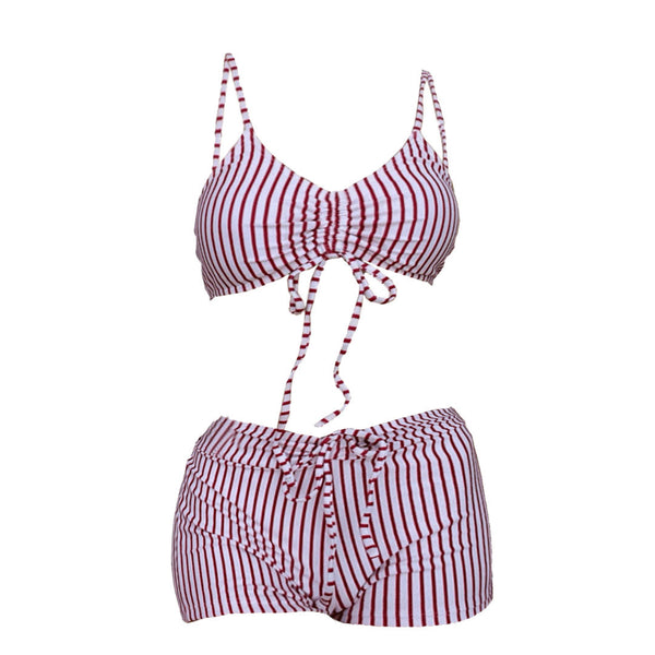 Striped drawstring v neck self tie cami pant bikini swimwear