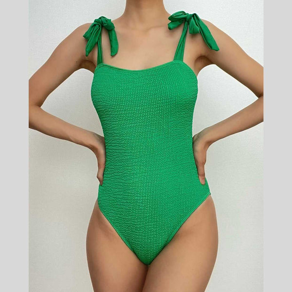 Textured self tie solid backless one piece swimwear