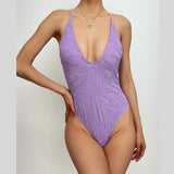 Halter solid v neck backless one piece swimwear