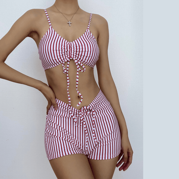 Striped drawstring v neck self tie cami pant bikini swimwear